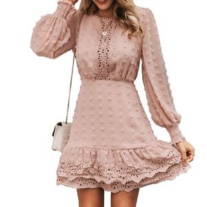MsLure Elegant Lace Chiffon Mini Dress Lantern Sleeve Ruffle Hem Party Dress